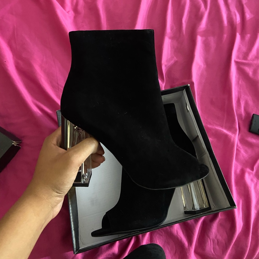 open toed suede boot heels